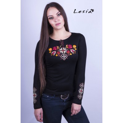 Embroidered t-shirt with long sleeves "Forest Song" golden on black